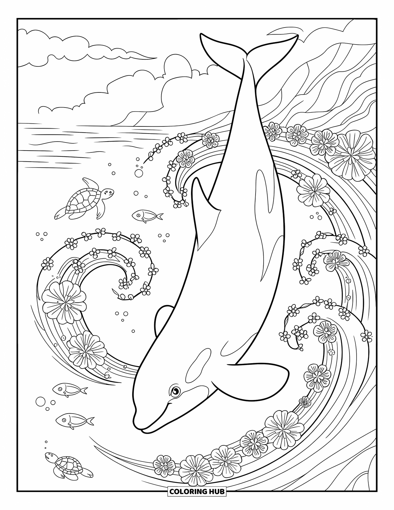 Orca Coloring Page for Adults: An orca dives through waves filled with flowers, turtles, and clouds
