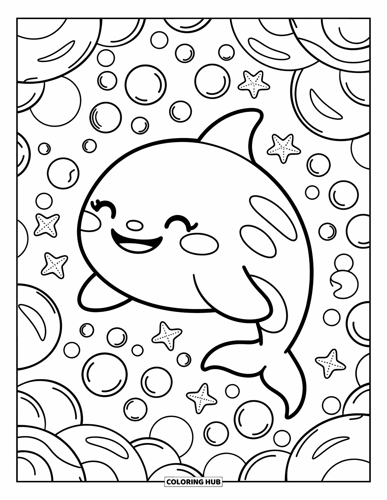 Orca Coloring Page for Adults: An orca floats calmly among bubbles and playful starfish