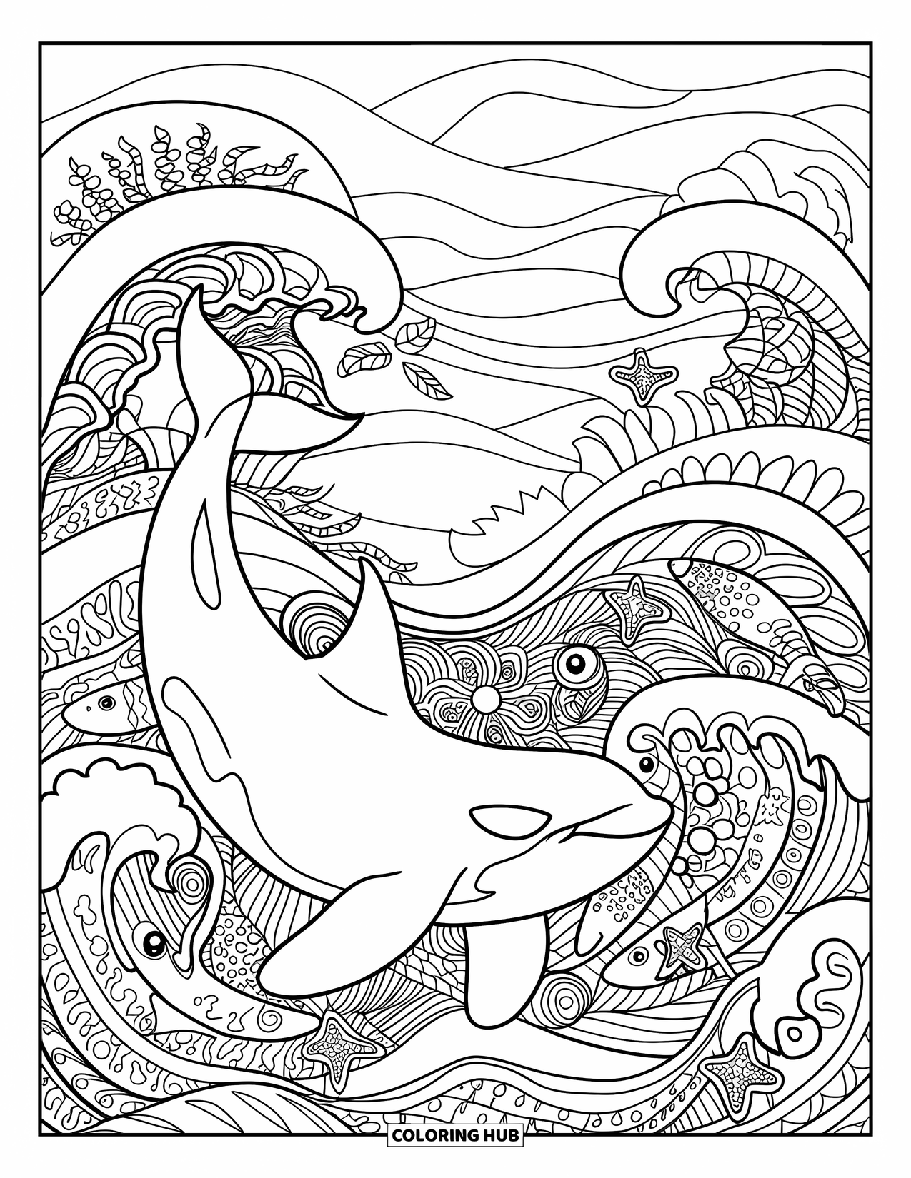 Orca Coloring Page for Adults: An orca moves through mandala waves with fish, starfish, and seaweed