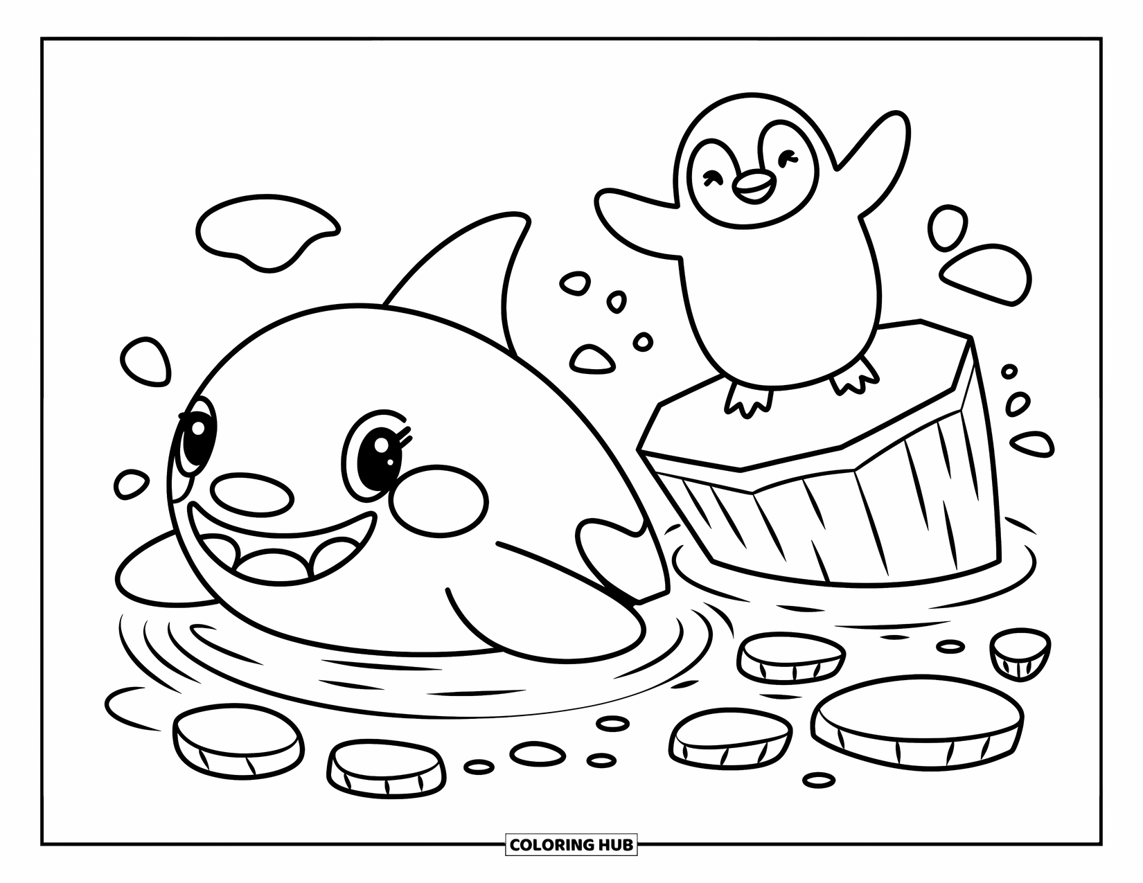 Orca Coloring Page for Adults: An orca smiles as a penguin slides joyfully down an icy slope