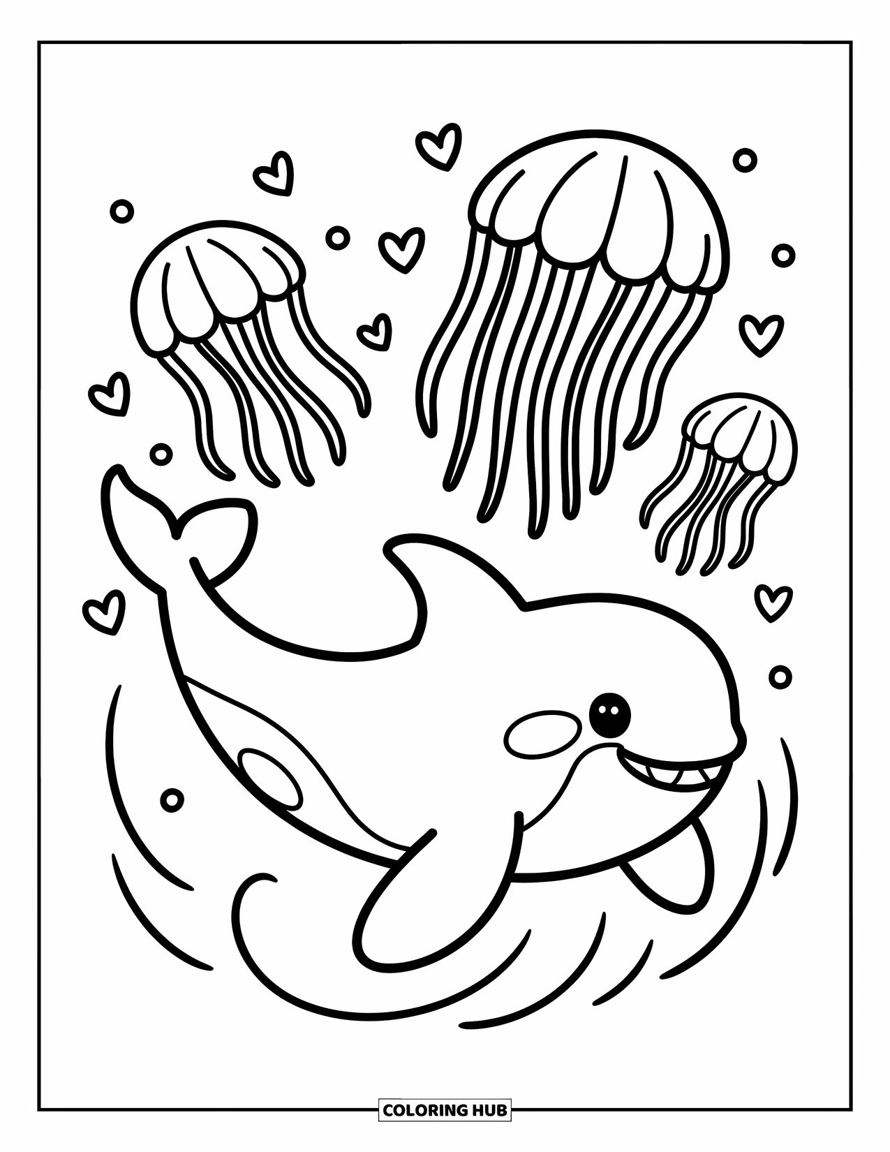Orca Coloring Page for Adults: An orca swims beneath jellyfish with bubbles and tiny hearts all around