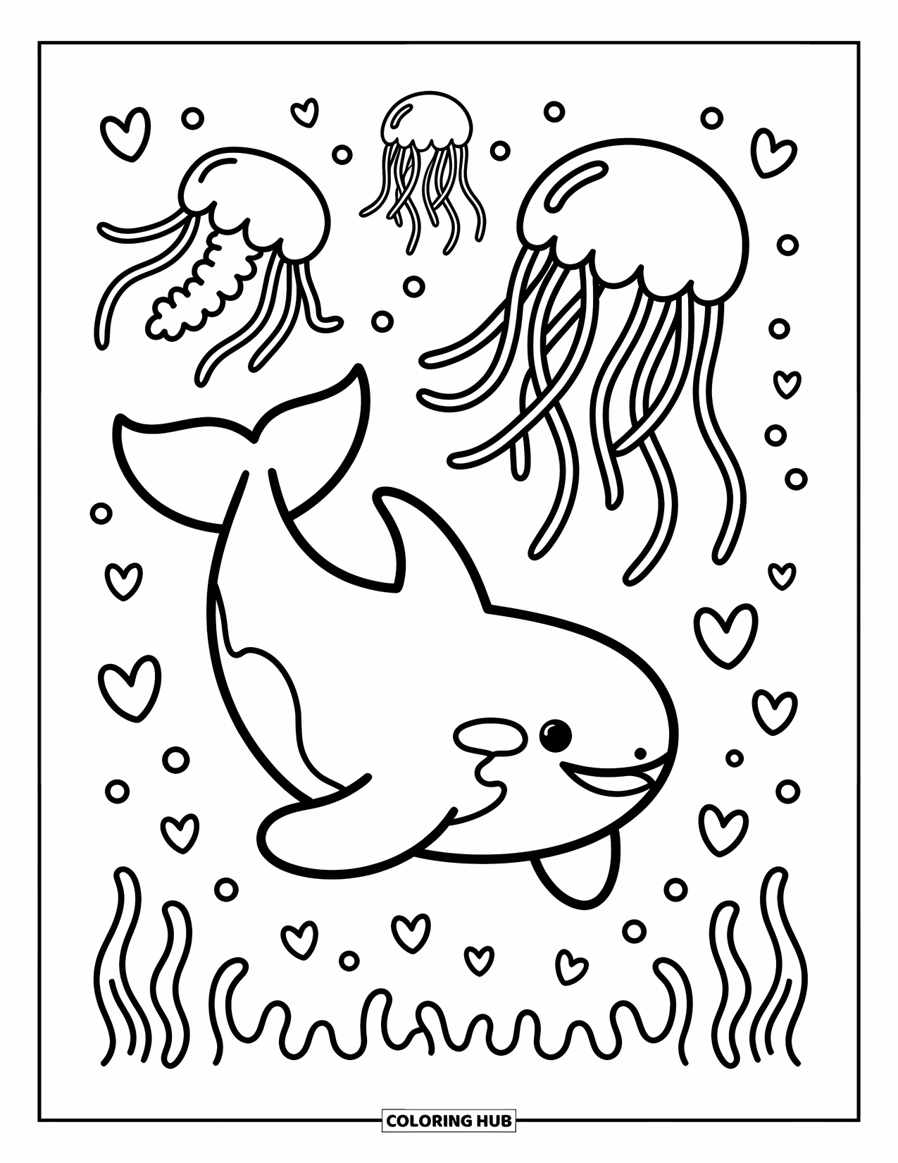 Orca Coloring Page for Adults: An orca twirls joyfully under floating jellyfish and swirling hearts
