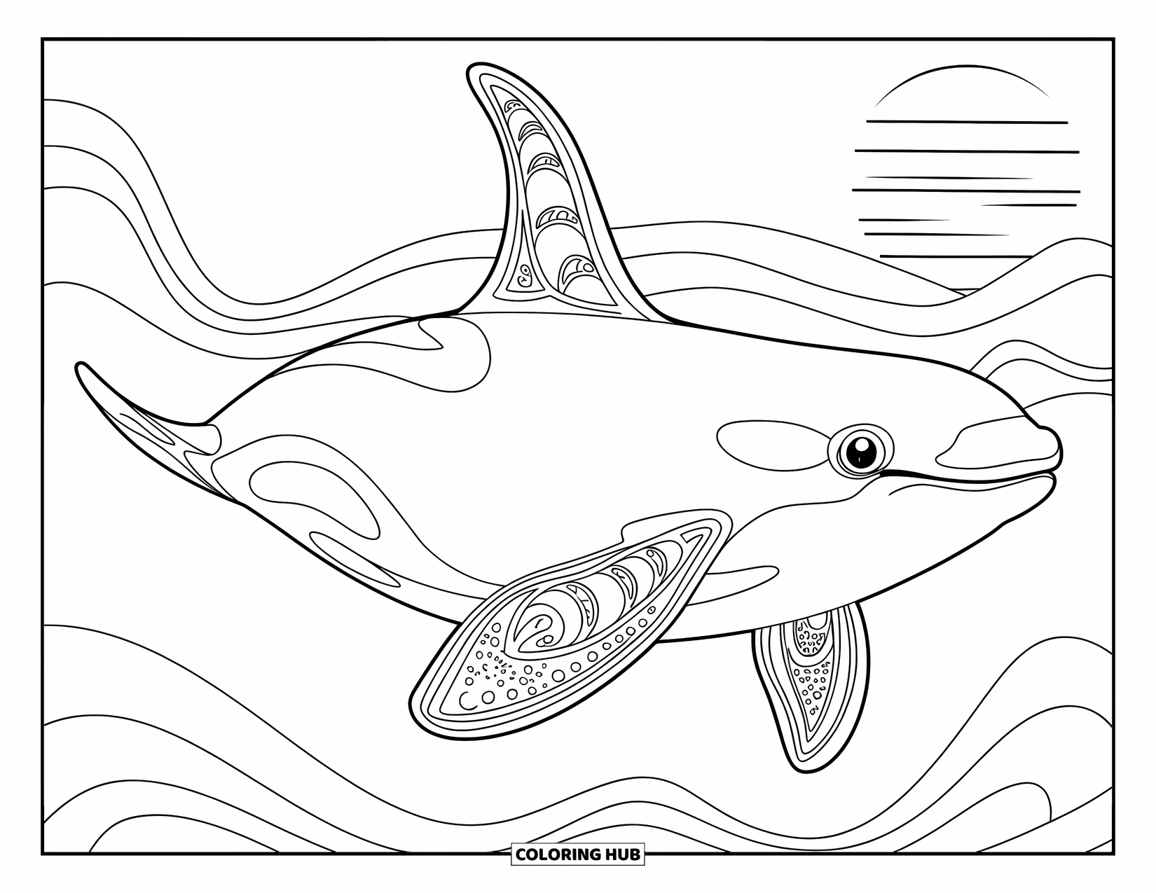 Orca Coloring Page for Adults: An orca with ornate fins swims near waves and a glowing sunset