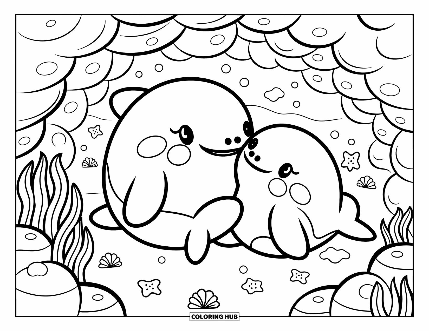 Orca Coloring Page for Adults: Two orcas snuggle closely in a warm coral cave filled with tiny sea treasures