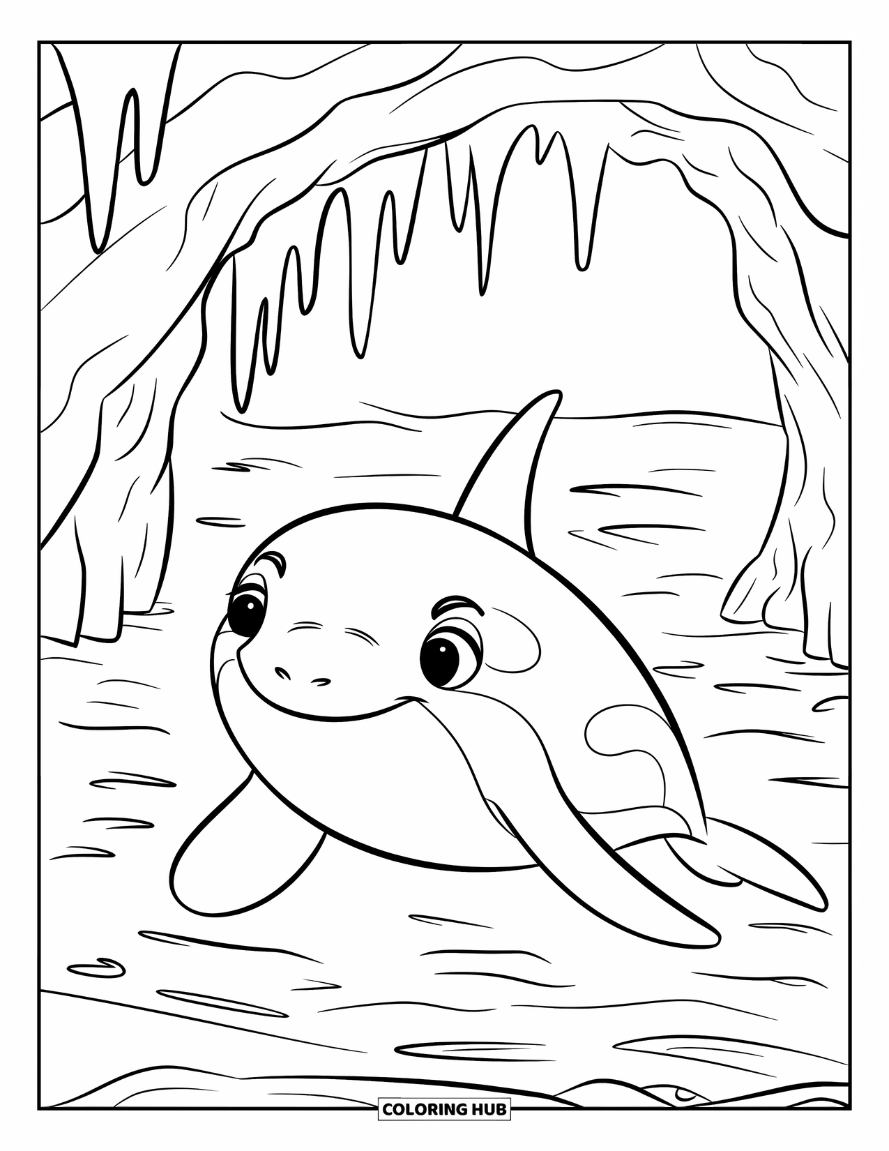 Orca Coloring Page for Kids: A bold orca approaches a dark cave entrance in calm ocean water