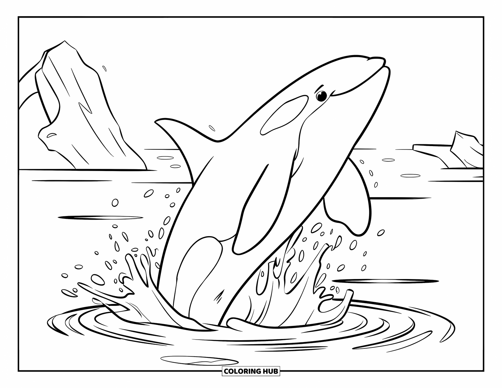 Orca Coloring Page for Kids: A breaching orca makes a splash near distant, floating icebergs