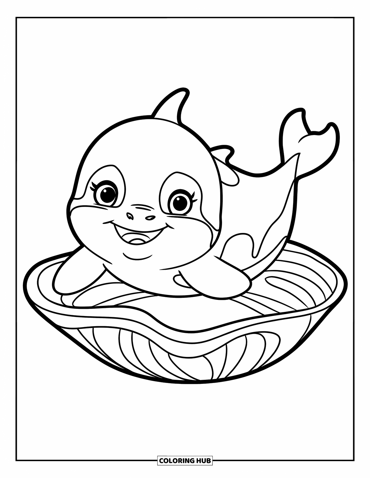 Orca Coloring Page for Kids: A chubby baby orca floats beside a giant clam in simple ocean water