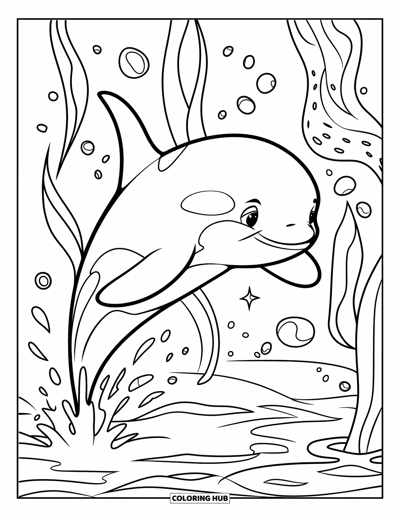 Orca Coloring Page for Kids: A joyful orca jumps with a splash near sea foam and strands of kelp