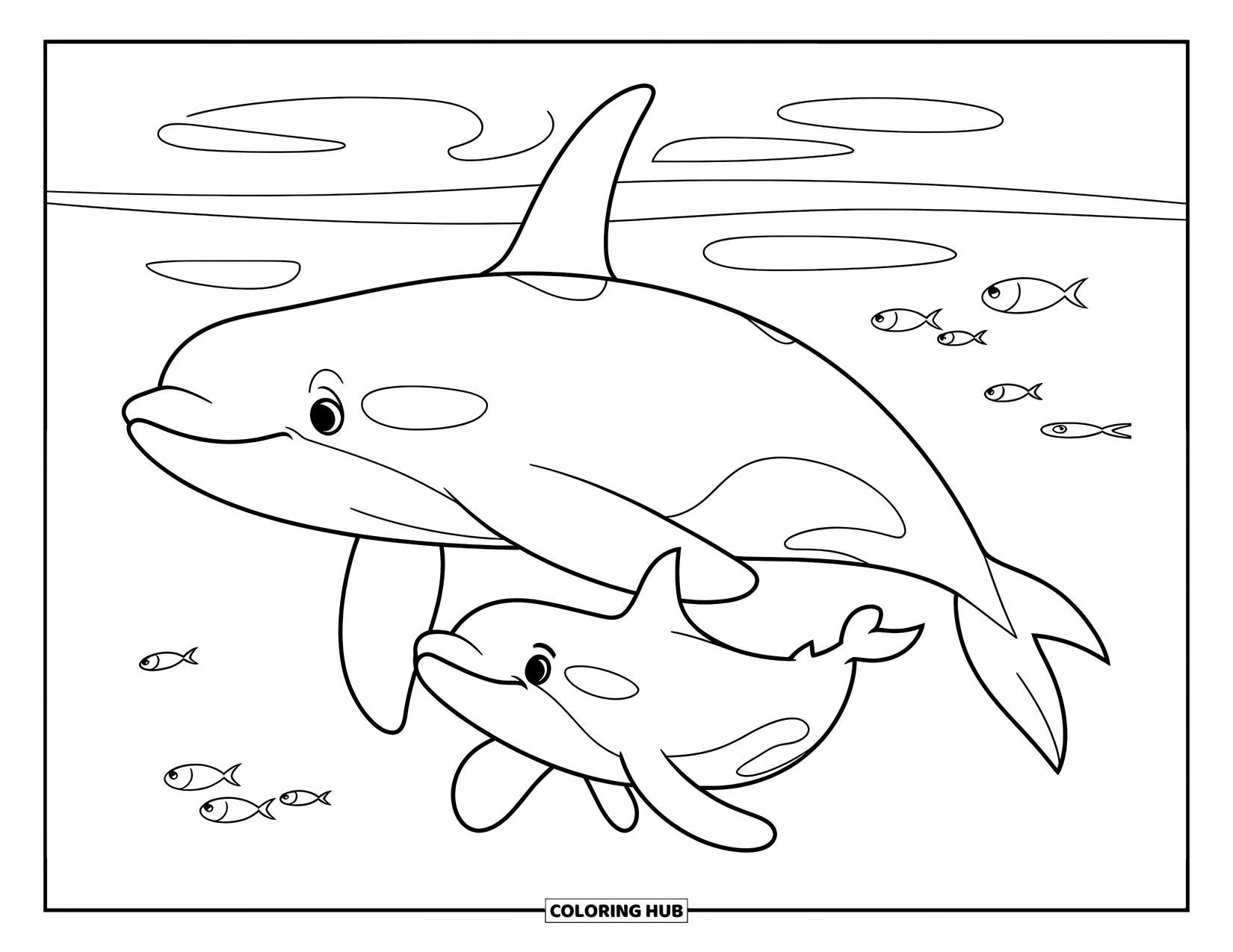 Orca Coloring Page for Kids: A large and small orca swim together with fish in gentle waves
