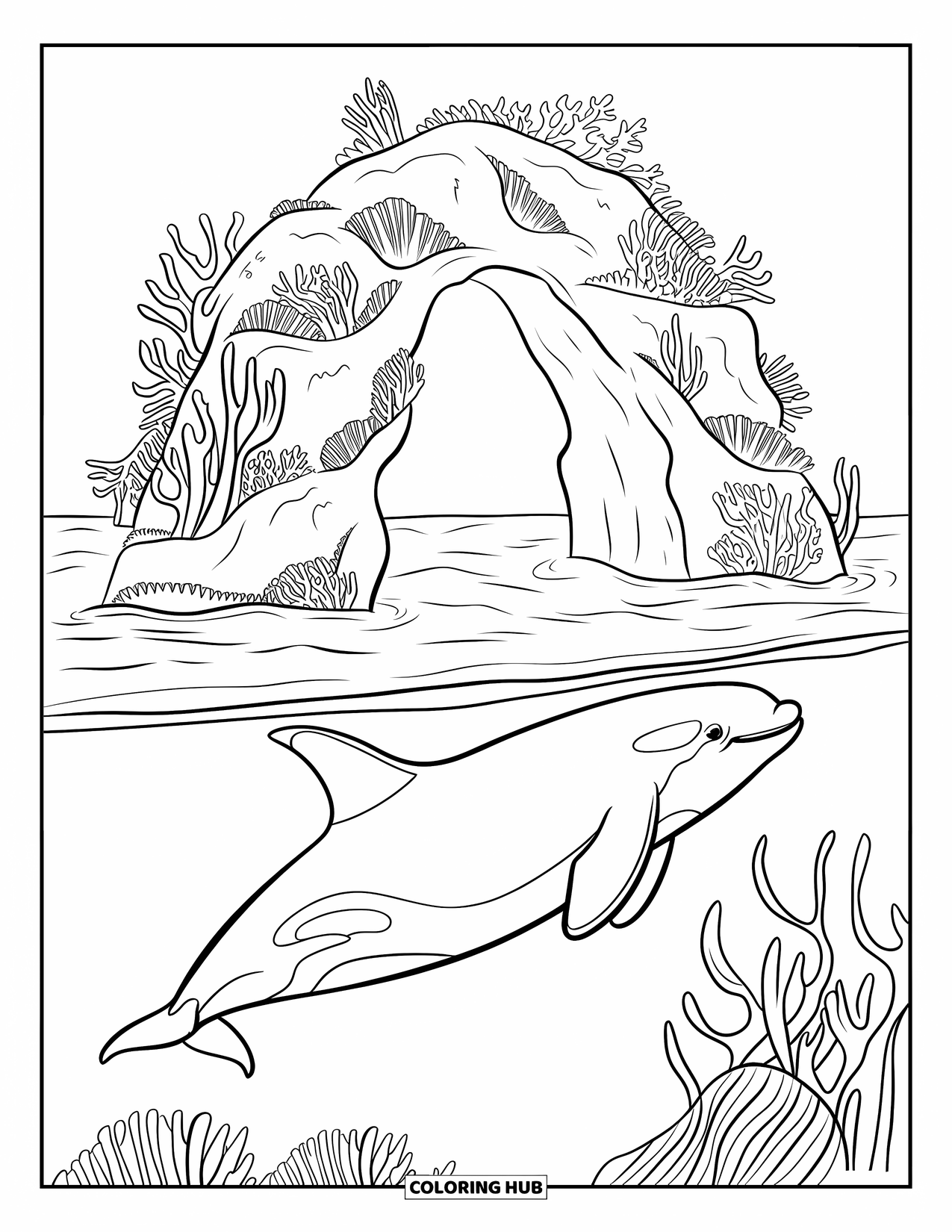 Orca Coloring Page for Kids: A large orca dives toward a sea arch surrounded by quiet waters