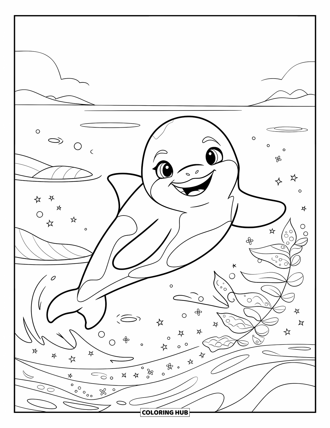 Orca Coloring Page for Kids: A lively orca jumps in a calm ocean with kelp and sparkles below