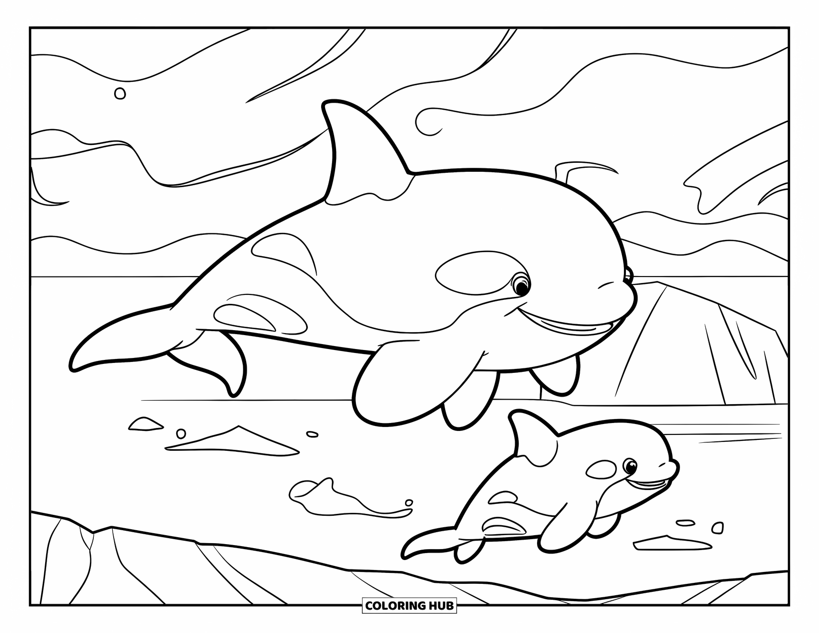 Orca Coloring Page for Kids: A mother, father, and baby orca swim calmly under the northern lights