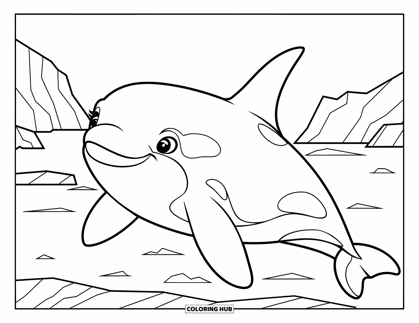 Orca Coloring Page for Kids: A peaceful orca floats in an arctic sea with icebergs all around