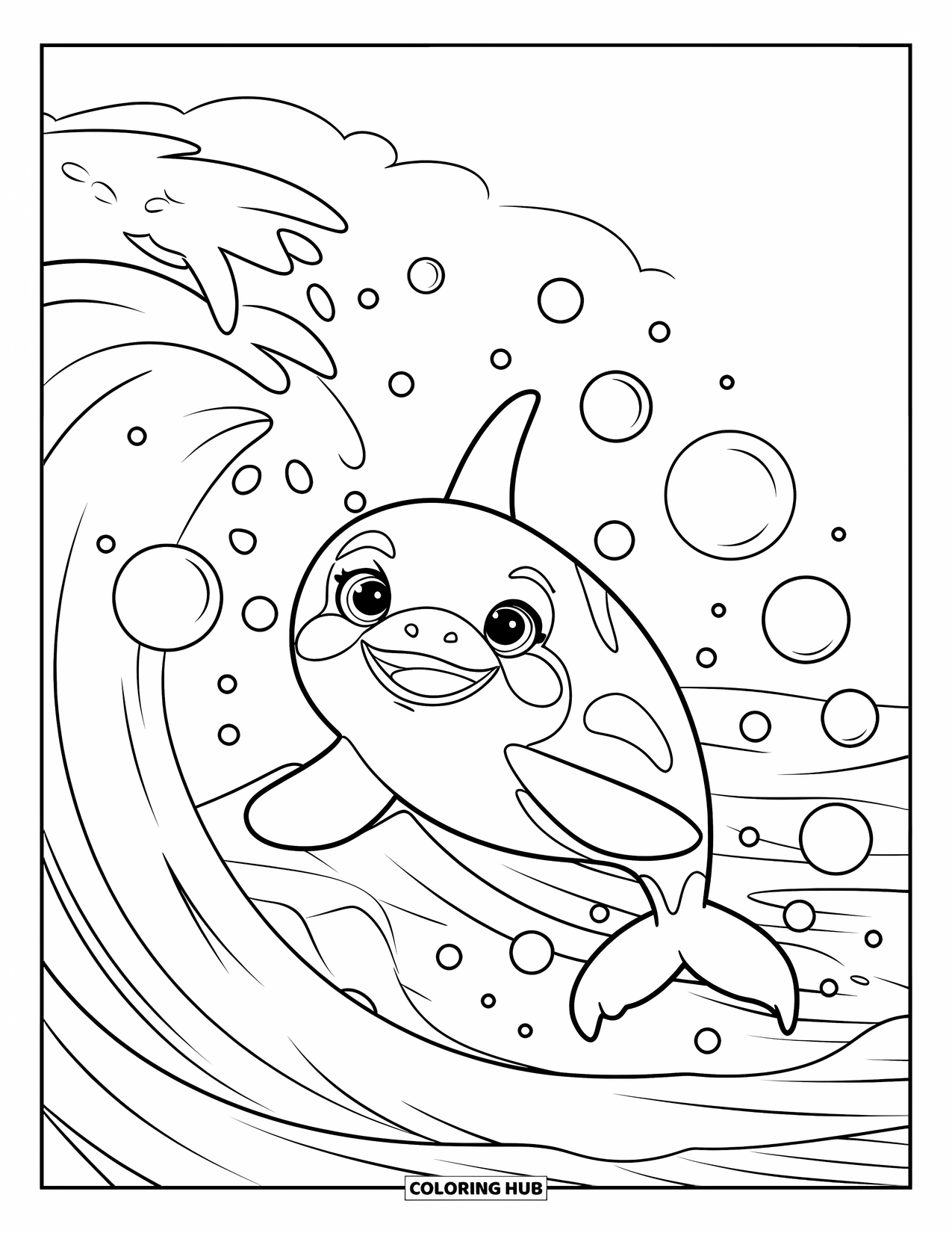 Orca Coloring Page for Kids: A playful orca jumps above a wave filled with bubbles in a calm sea