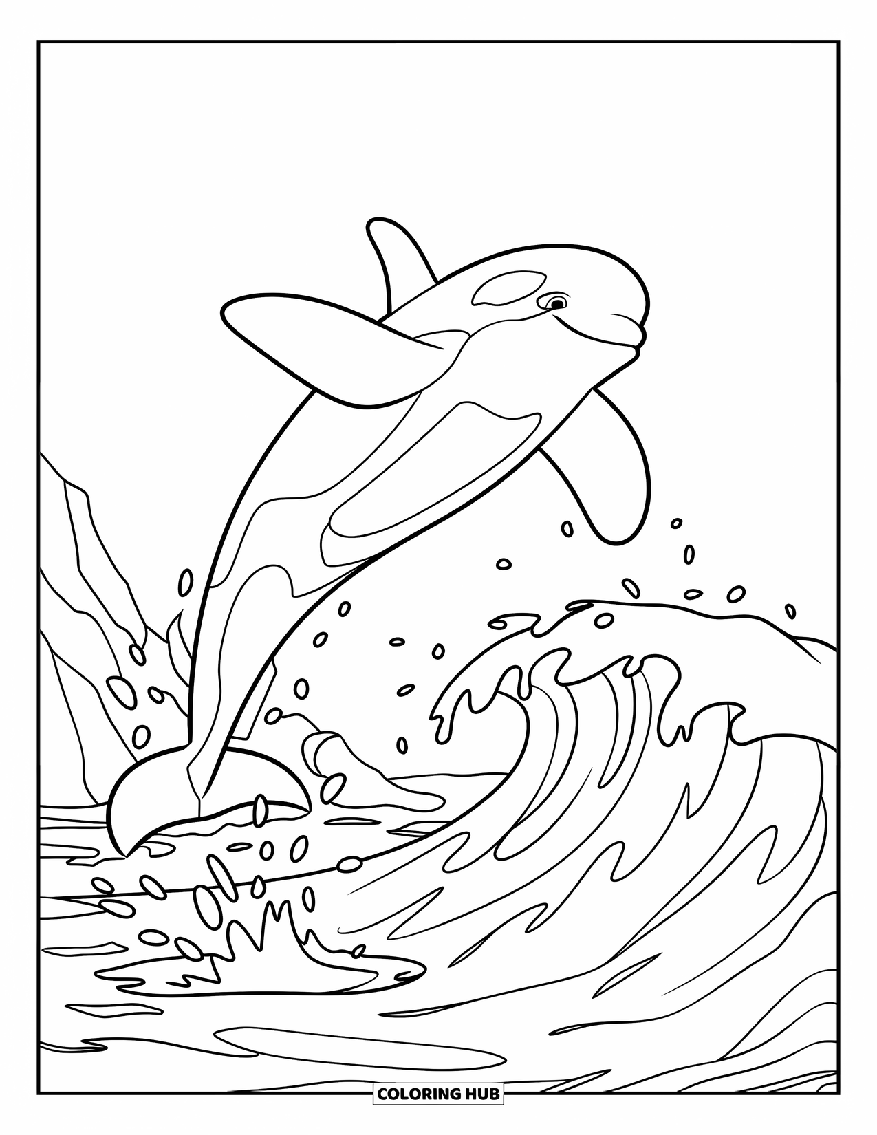 Orca Coloring Page for Kids: A powerful orca jumps through water spray above rocky shoreline waves