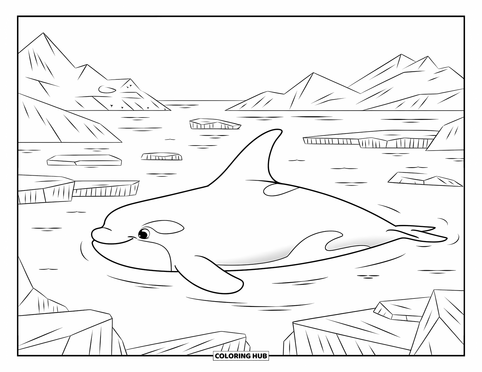 Orca Coloring Page for Kids: A quiet orca swims near the surface surrounded by icy peaks and icebergs