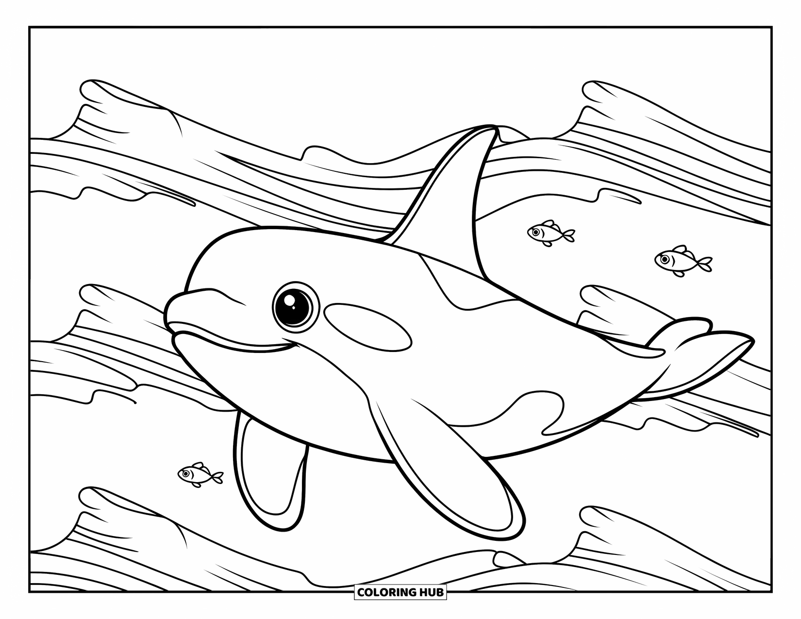 Orca Coloring Page for Kids: A smiling orca floats over ocean peaks with small round fish nearby