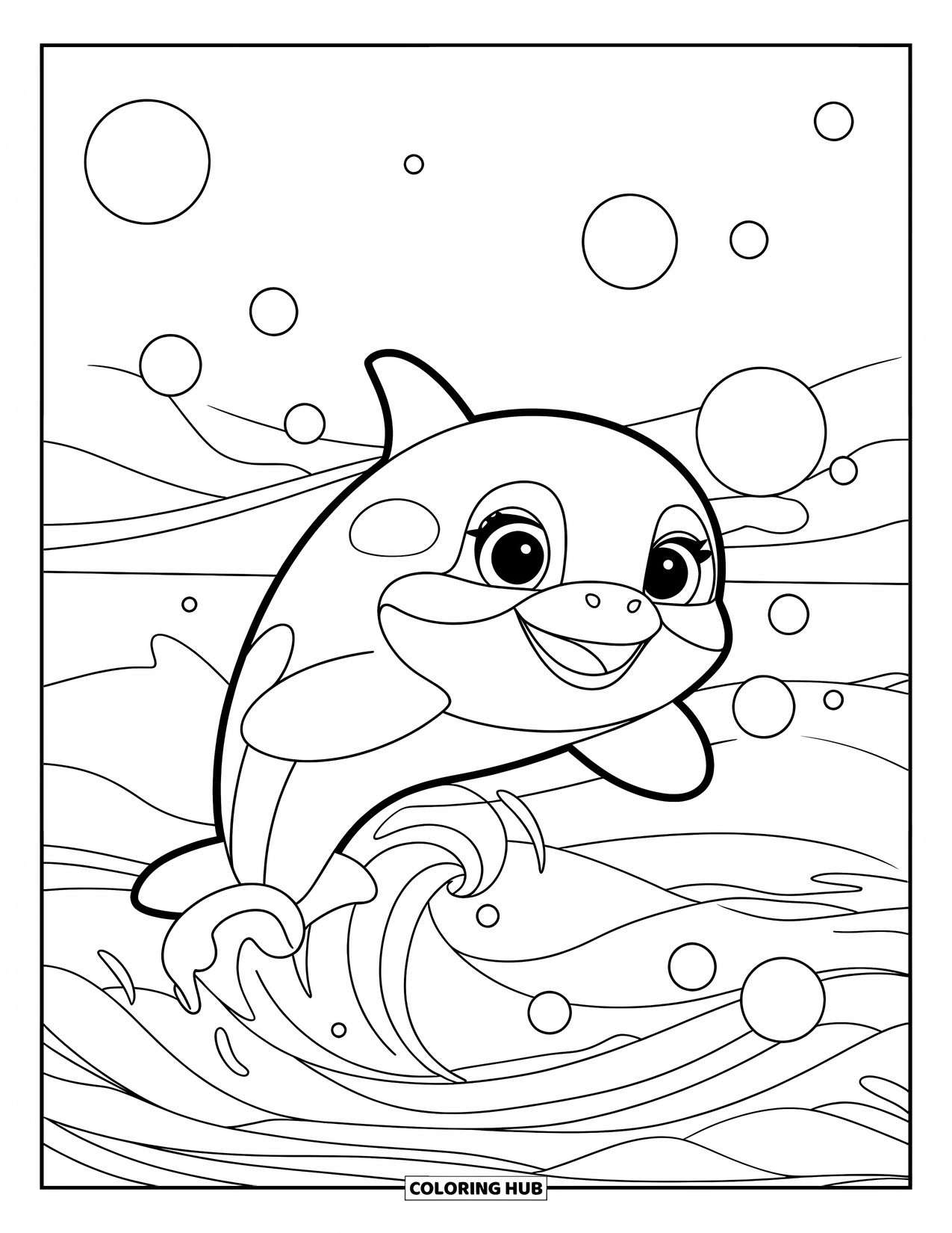 Orca Coloring Page for Kids: A smiling orca leaps above the ocean surrounded by large bubbles