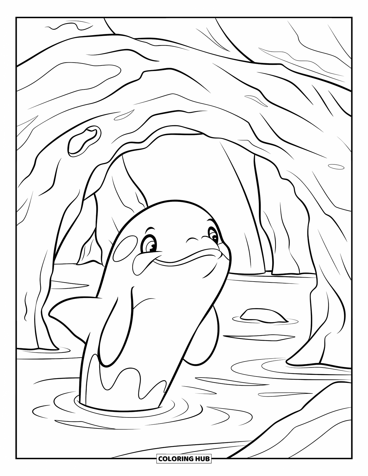 Orca Coloring Page for Kids: A smiling orca swims toward a rocky sea cave on a bright day