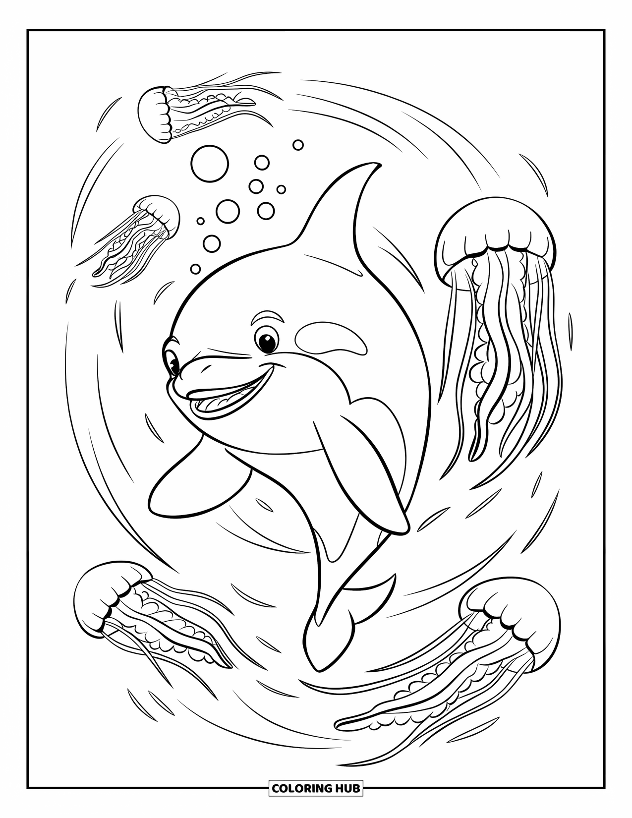 Orca Coloring Page for Kids: A smiling orca twirls underwater with jellyfish and rising bubbles
