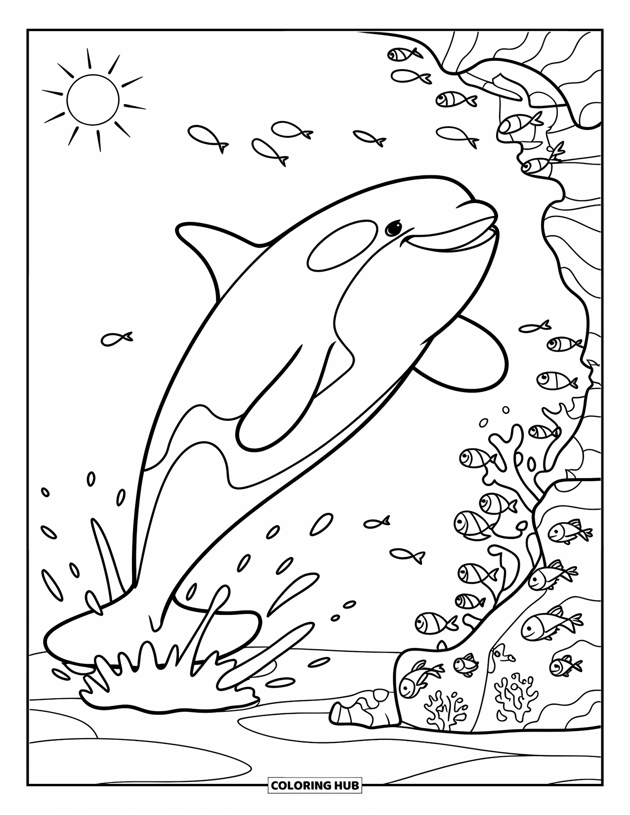 Orca Coloring Page for Kids: An orca jumps out of the water beside a reef filled with marine life