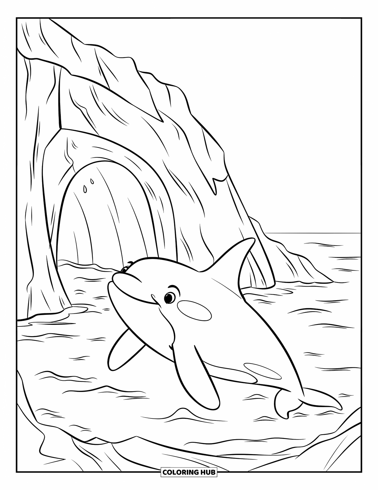 Orca Coloring Page for Kids: An orca nears a rocky cave on a rugged cliffside in open water