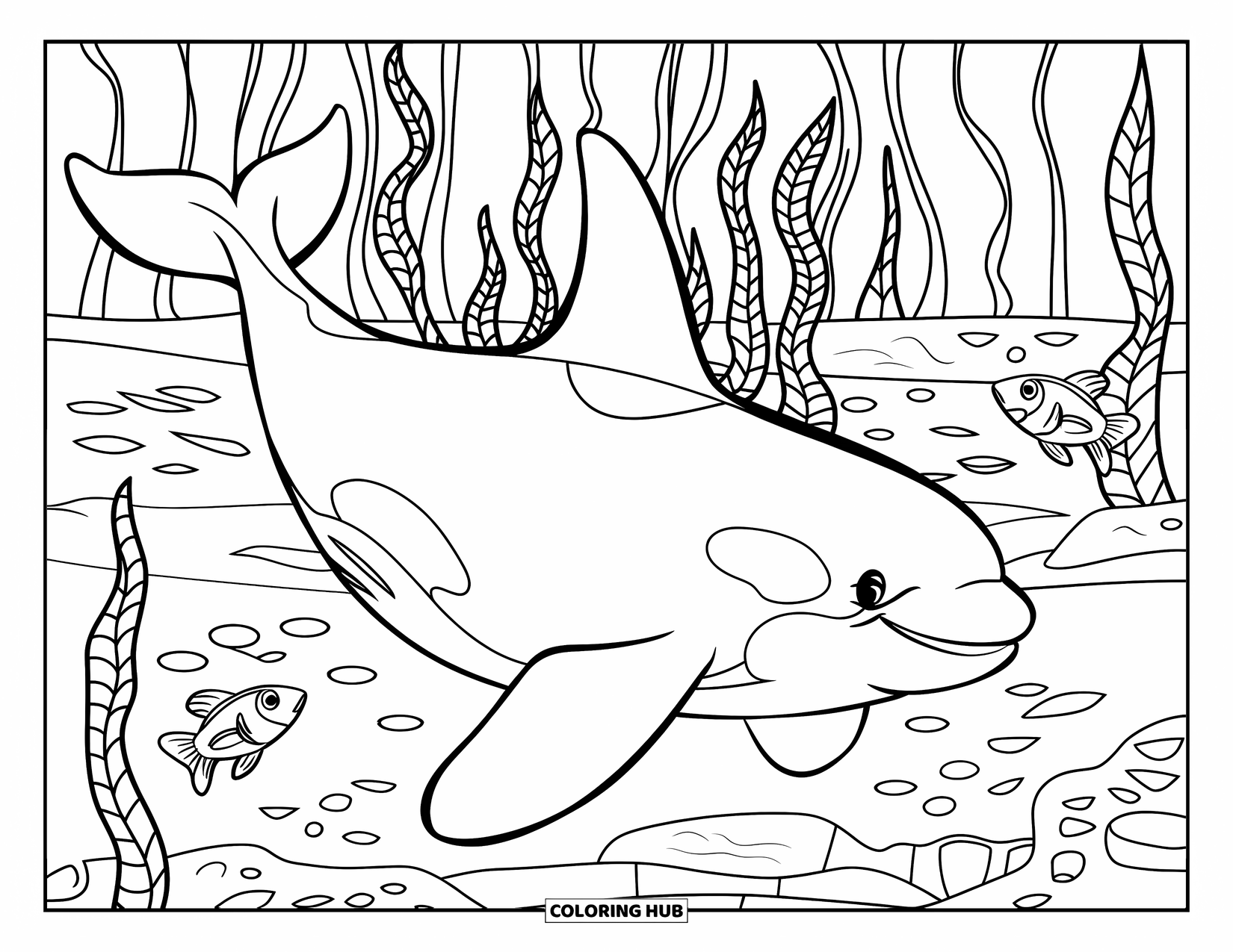 Orca Coloring Page for Kids: An orca swims peacefully through a forest of tall seaweed and fish