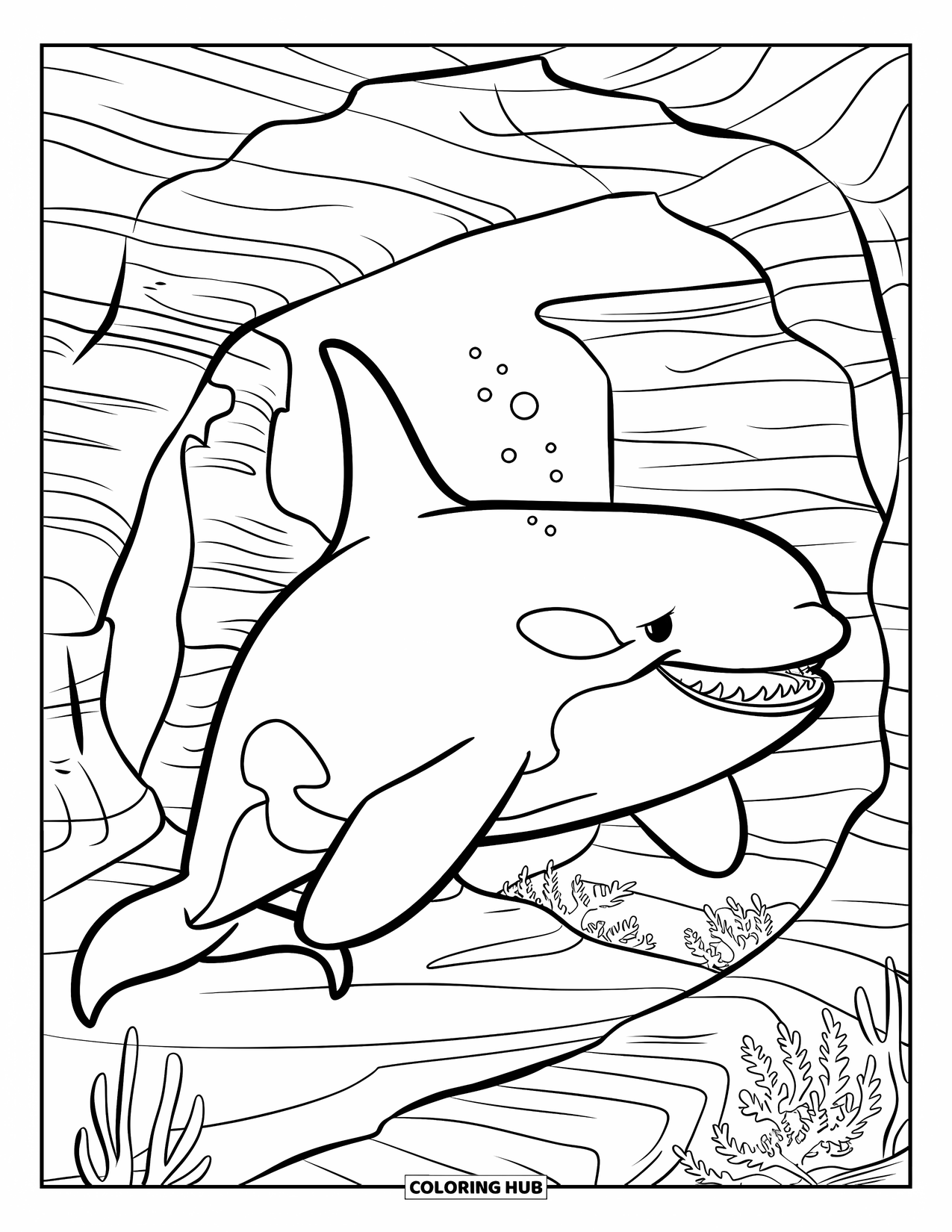 Orca Coloring Page for Kids: An orca swims through reef tunnels and underwater canyons with plants nearby