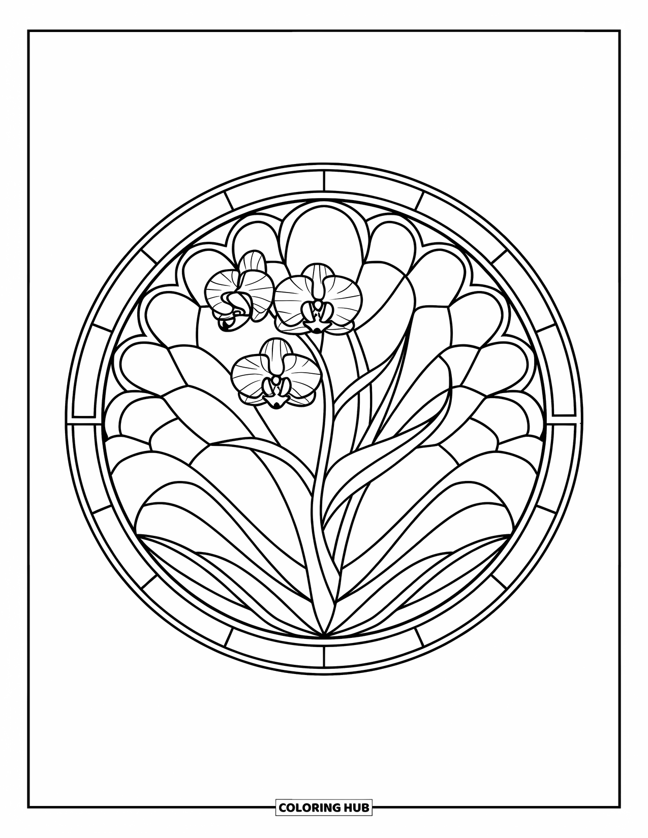 Orchid Coloring Page for Adults: Circular stained-glass design with a central orchid and leafy sections