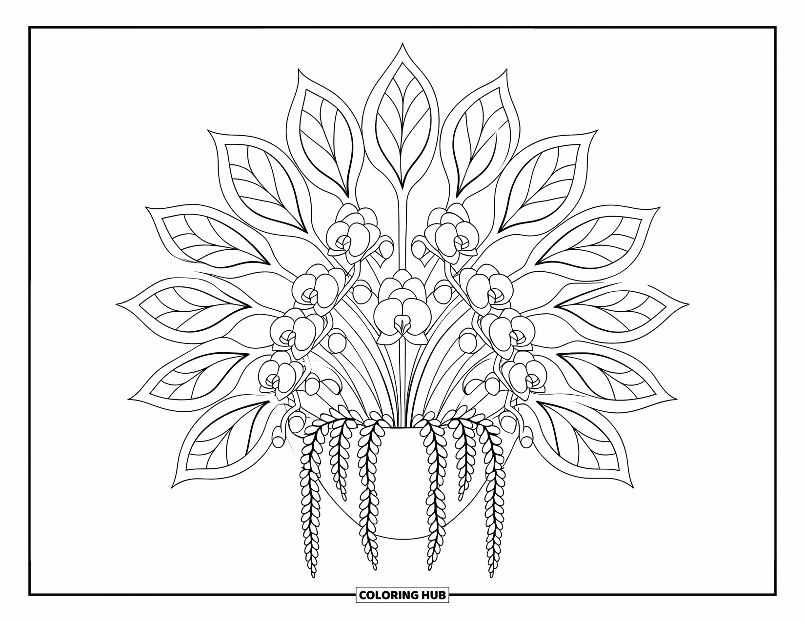 Orchid Coloring Page for Adults: Hanging orchid planter framed by detailed symmetrical leaf mandalas