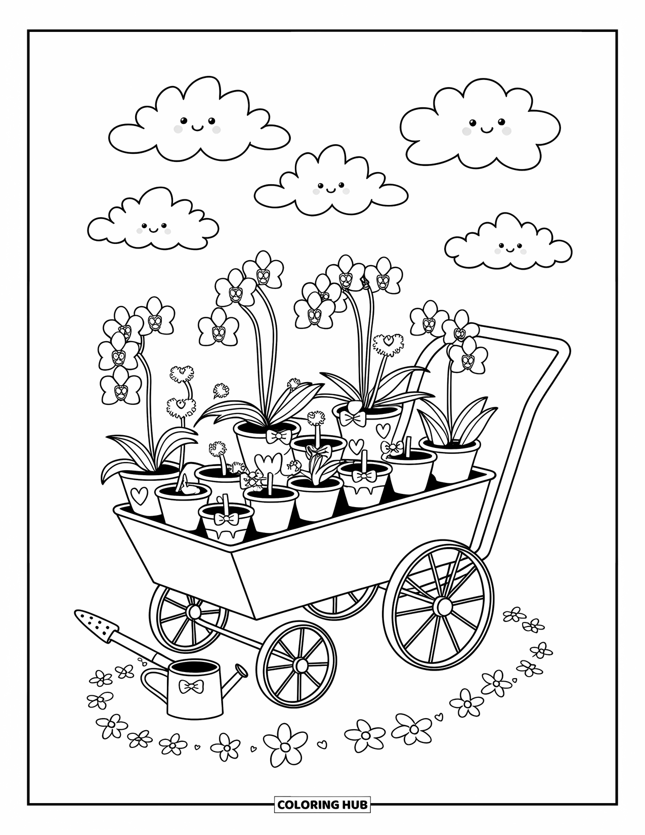 Orchid Coloring Page for Adults: Old-fashioned cart holds orchid pots and heart-decorated garden tools