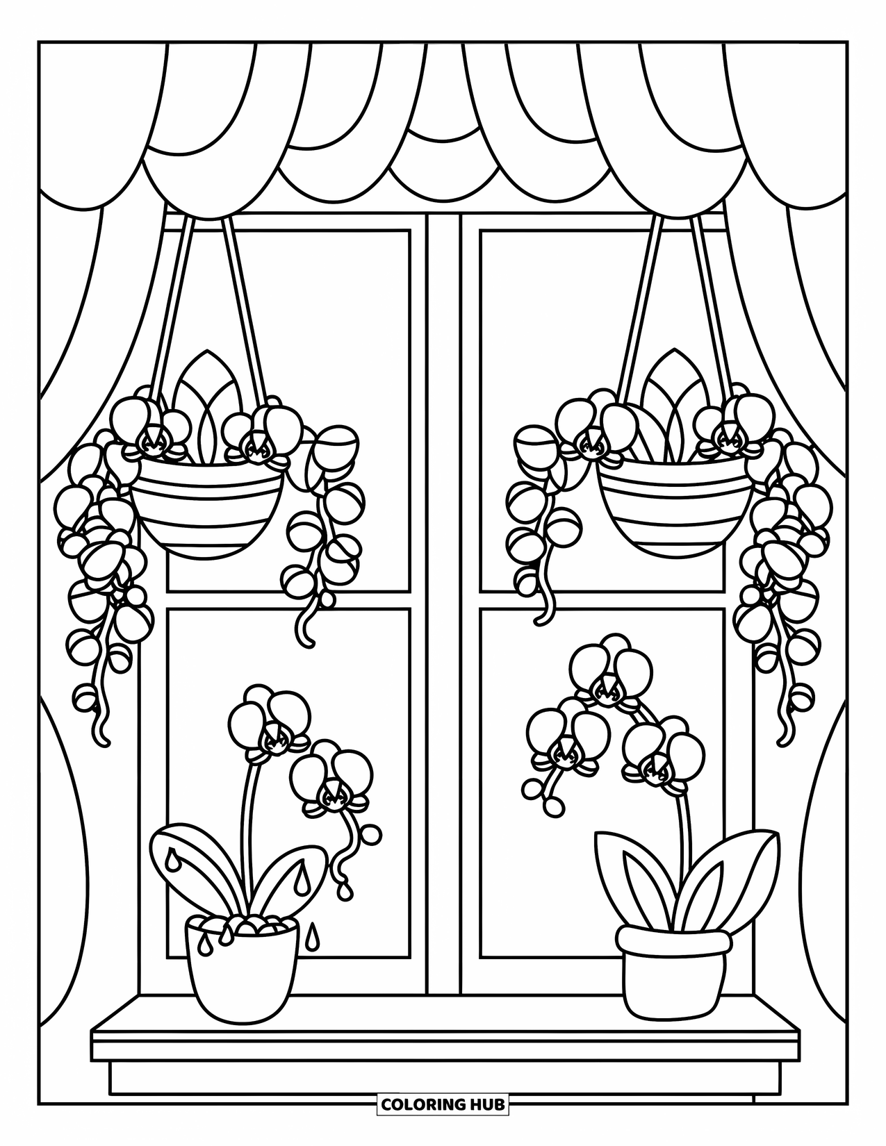 Orchid Coloring Page for Adults: Orchid baskets hang from a cozy window with a wind chime and scalloped curtains