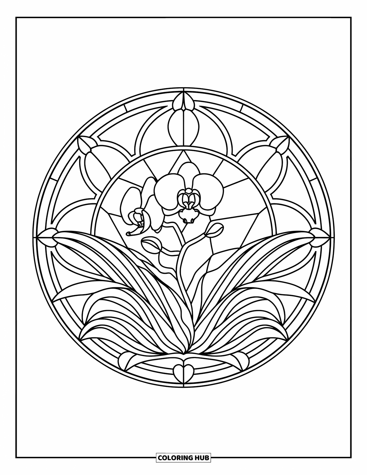 Orchid Coloring Page for Adults: Orchid bloom framed in a stained-glass circle with leaves and patterns