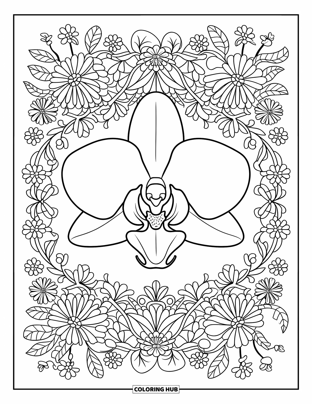 Orchid Coloring Page for Adults: Orchid bloom rests in a full-page mandala filled with floral details