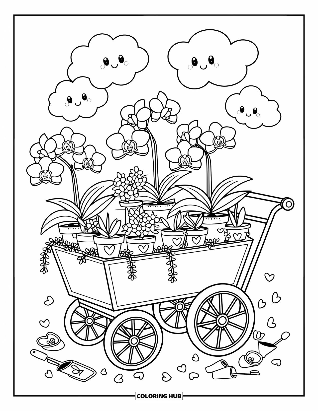 Orchid Coloring Page for Adults: Orchid-filled pushcart with garden tools and soft petals under cheerful clouds