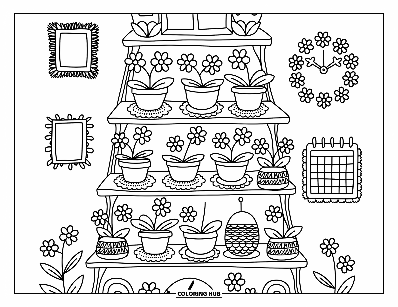 Orchid Coloring Page for Adults: Orchid pots rest on a wooden shelf with picture frames and a tiny clock
