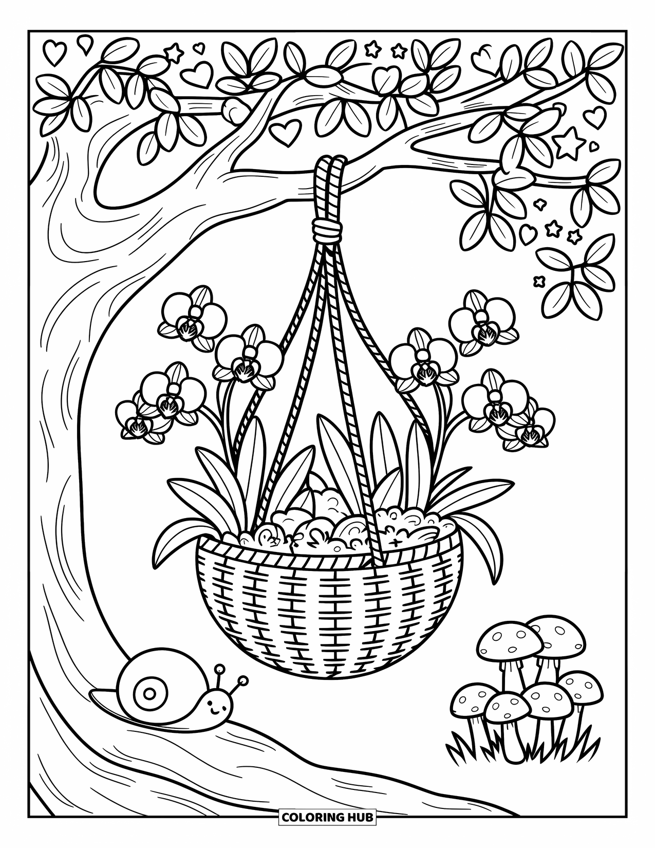 Orchid Coloring Page for Adults: Orchids bloom in a hanging basket under a tree with hearts and sleepy snail