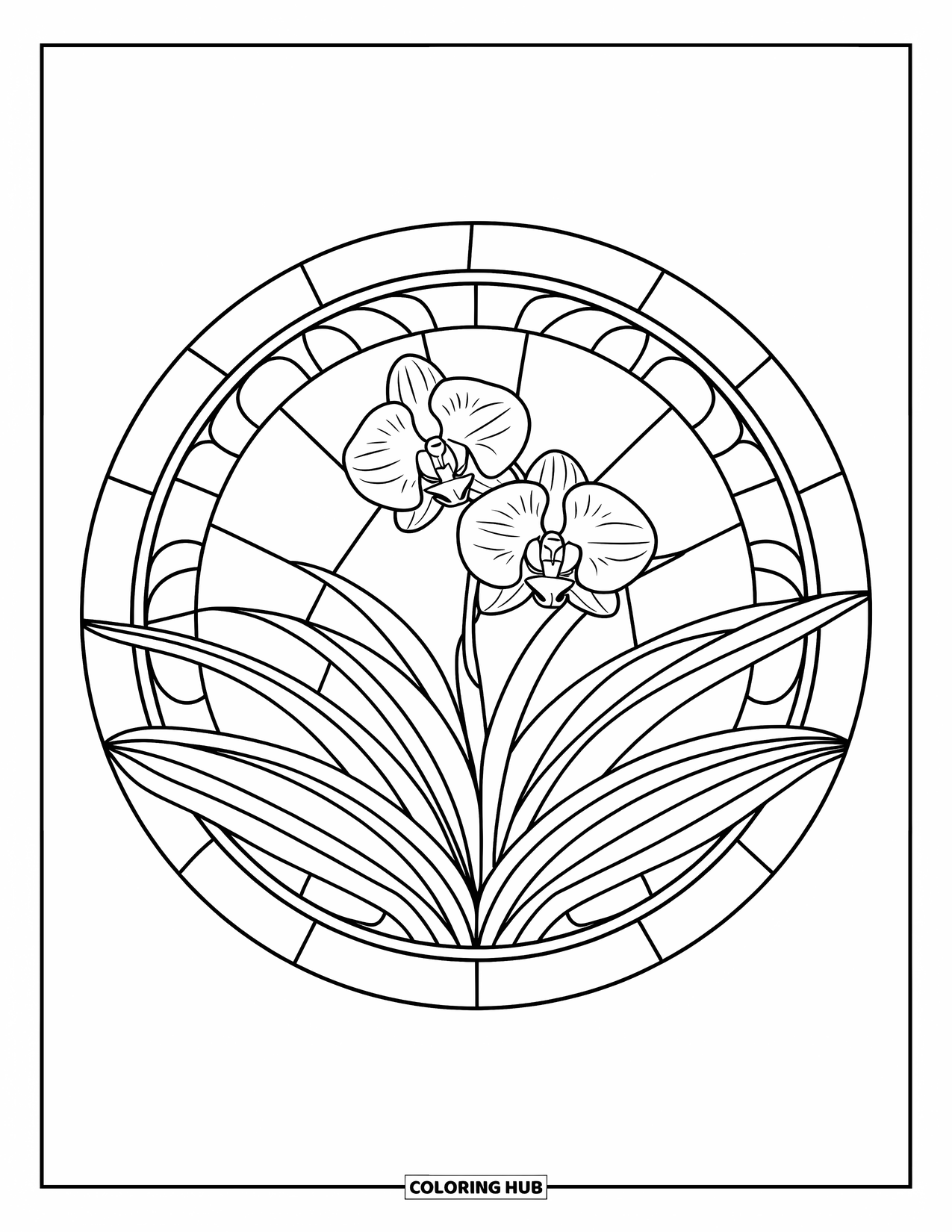 Orchid Coloring Page for Adults: Single orchid sits inside a round stained-glass design with leafy details