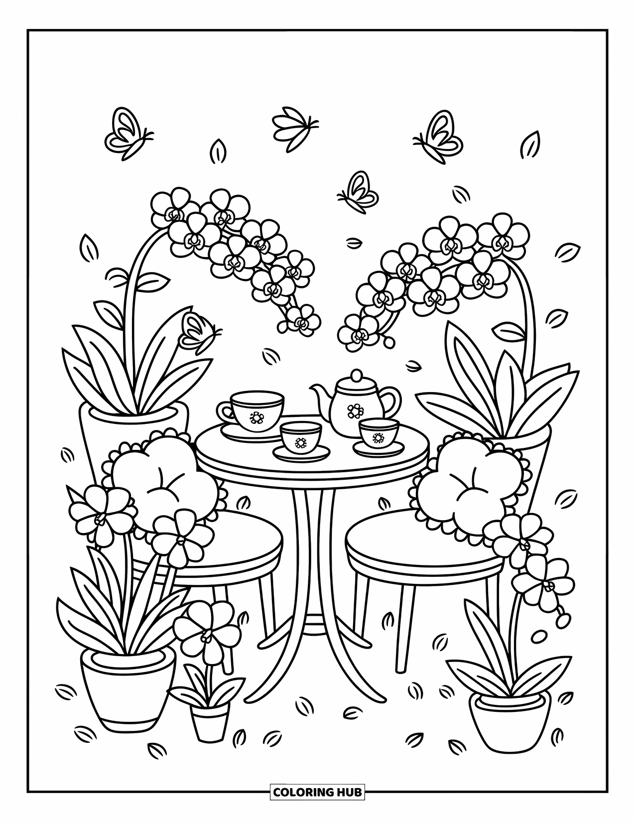 Orchid Coloring Page for Adults: Tiny teacups rest on a round garden table surrounded by blooming orchids