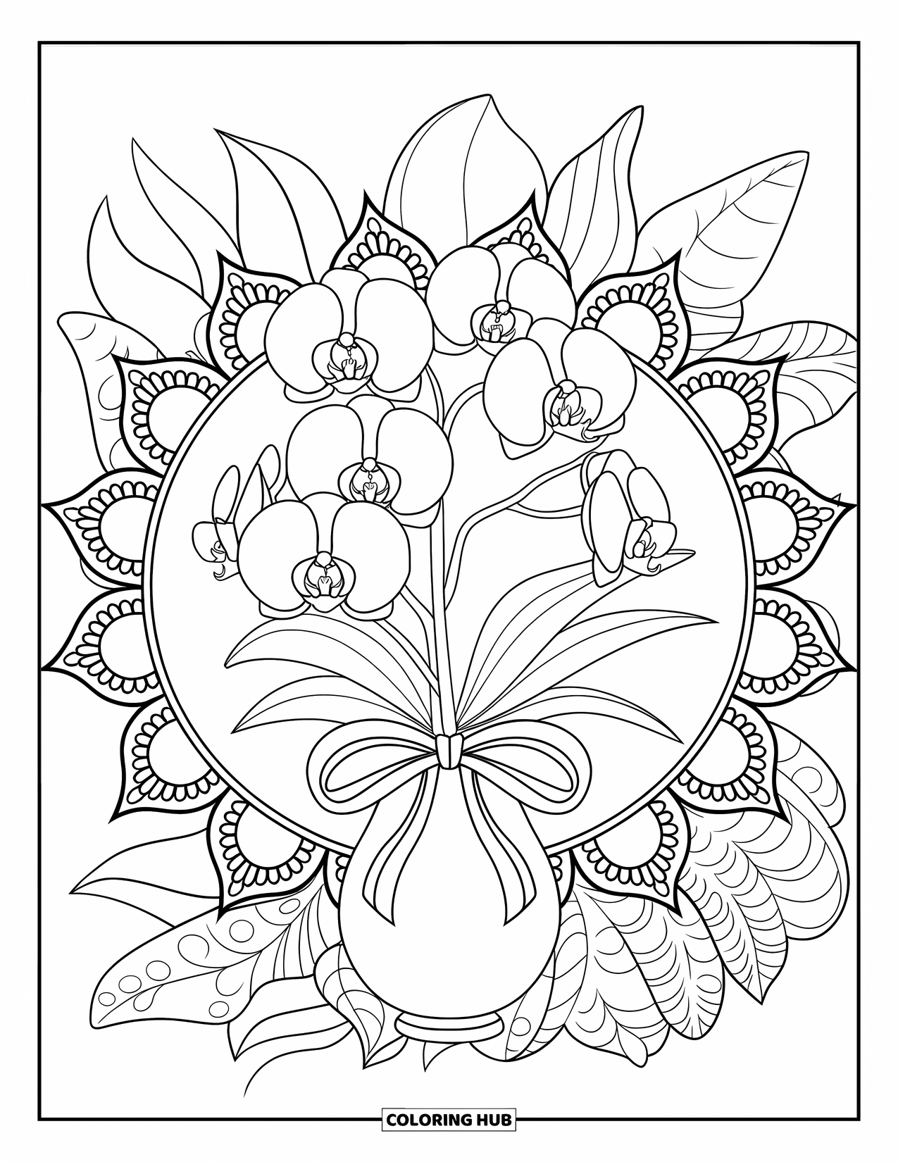 Orchid Coloring Page for Adults: Vase with ribbon and orchid blooms surrounded by floral mandala and leaves