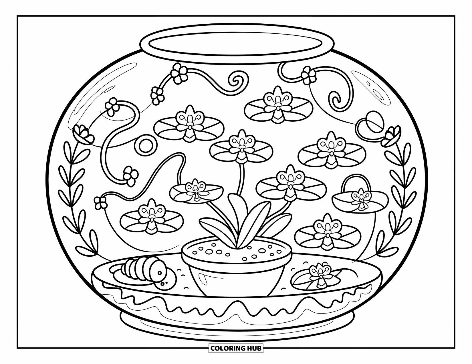 Orchid Coloring Page for Adults: Whimsical orchids and vines fill a round terrarium with a peaceful caterpillar