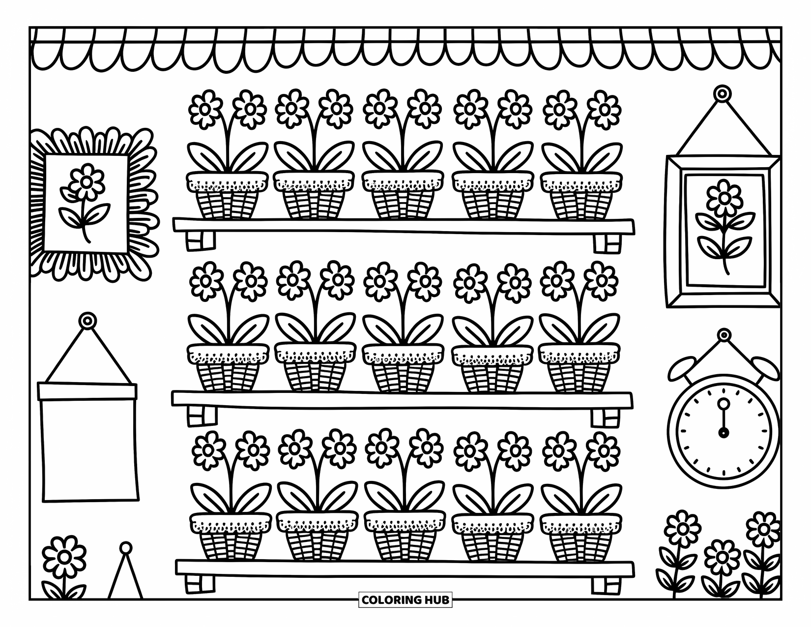 Orchid Coloring Page for Adults: Wooden shelf holds orchids in lace pots, framed by cute cottage decorations