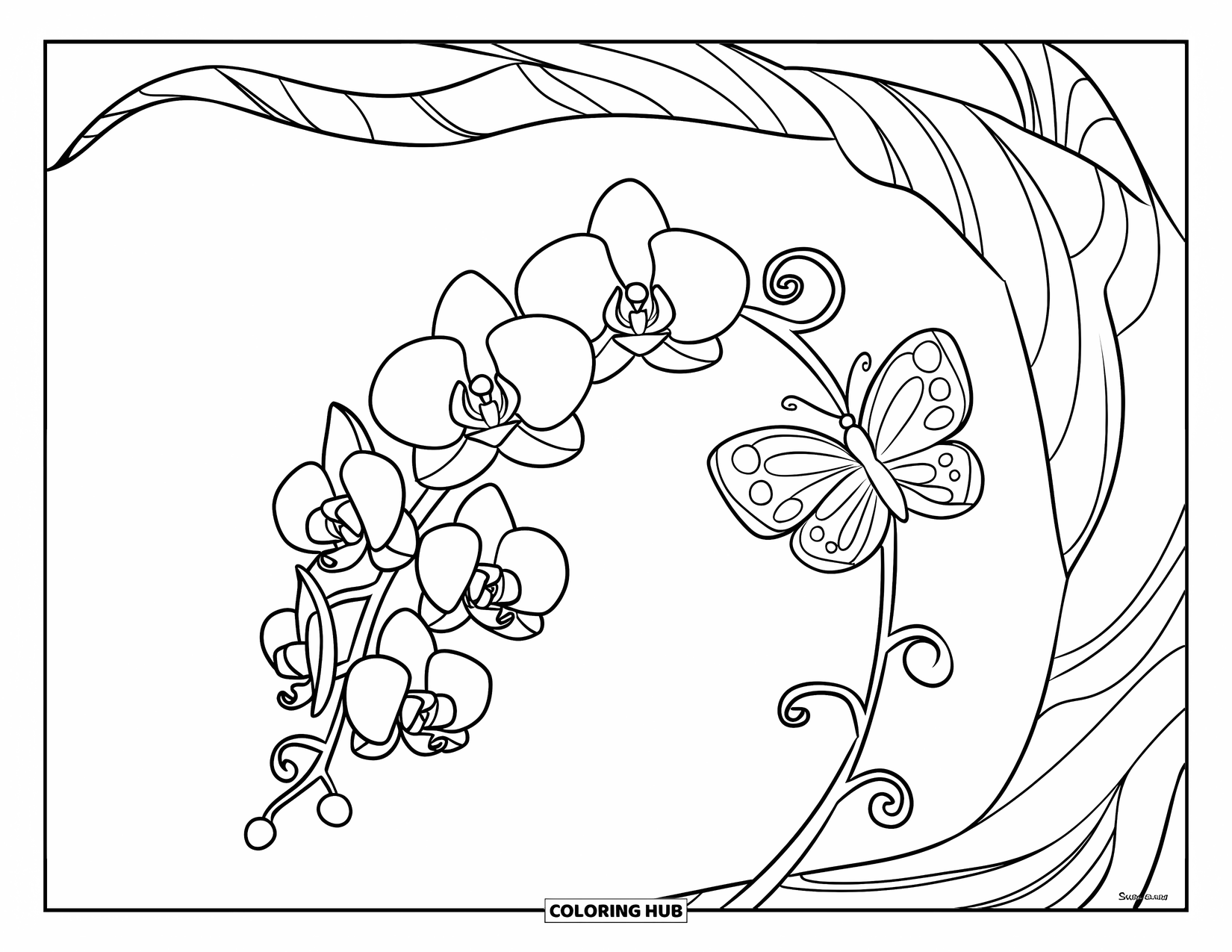 Orchid Coloring Page for Kids: Butterfly perches on a curling orchid stem wrapped around a tree branch