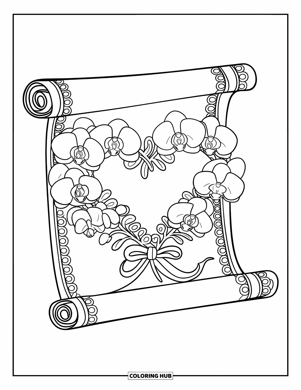 Orchid Coloring Page for Kids: Heart-shaped orchids rest on a patterned scroll with a romantic design