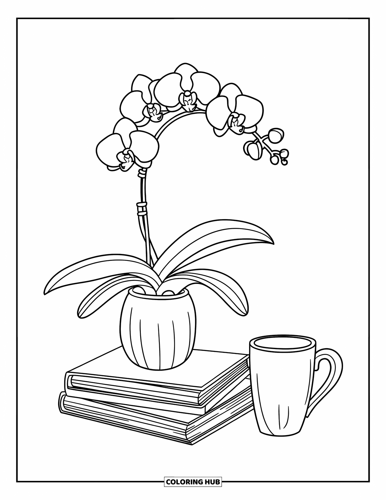 Orchid Coloring Page for Kids: Orchid in a tall vase sits on a book pile with a mug nearby