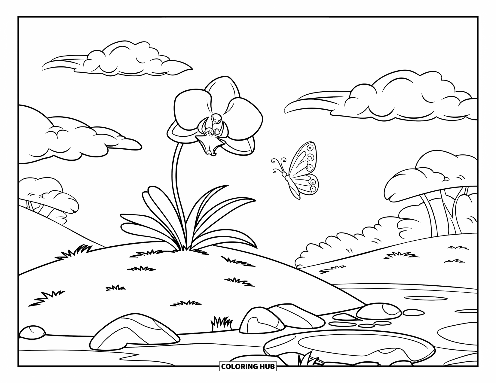 Orchid Coloring Page for Kids: Orchid sits on a hill near water, rocks, and a few background trees