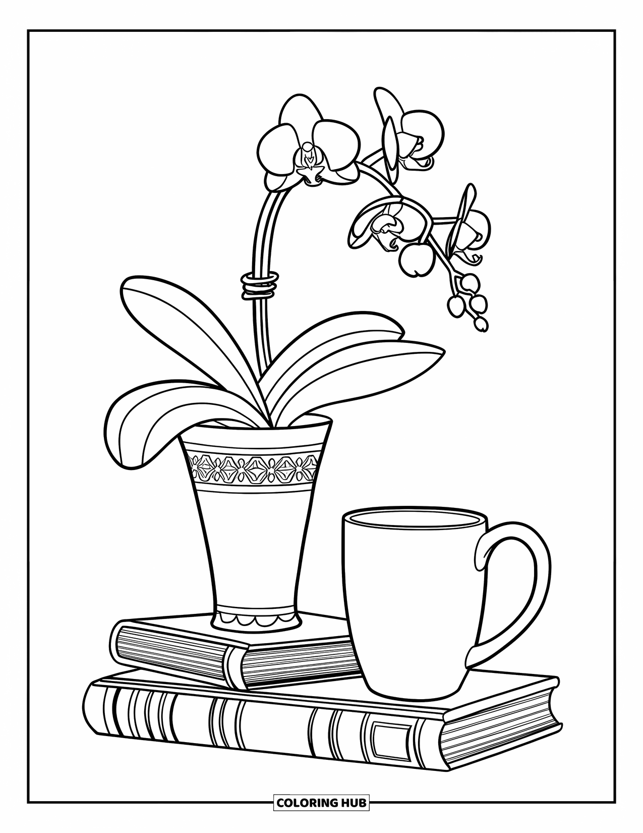 Orchid Coloring Page for Kids: Patterned vase with orchids and a mug sits on top of book pile