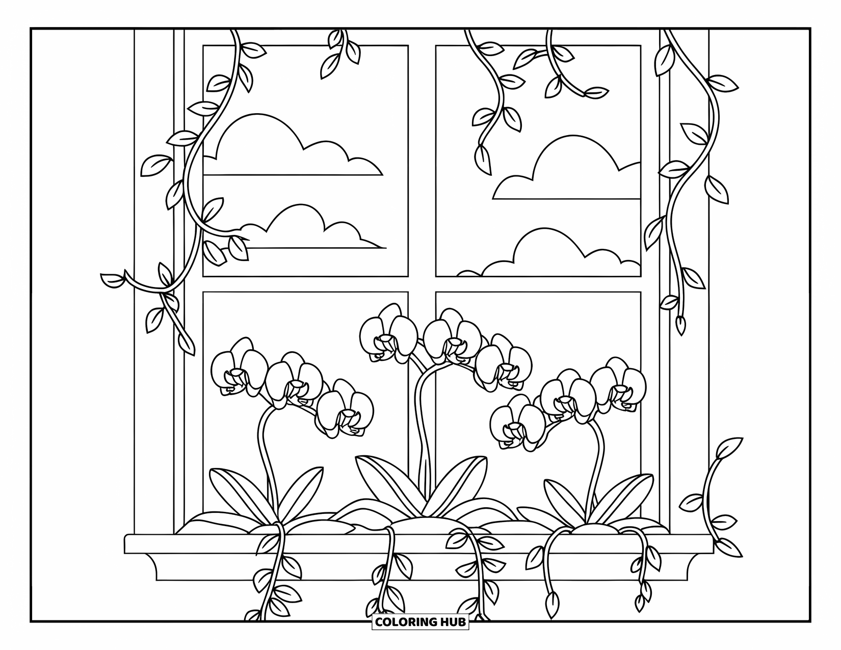 Orchid Coloring Page for Kids: Window sill filled with orchids and trailing vines overlooks soft clouds