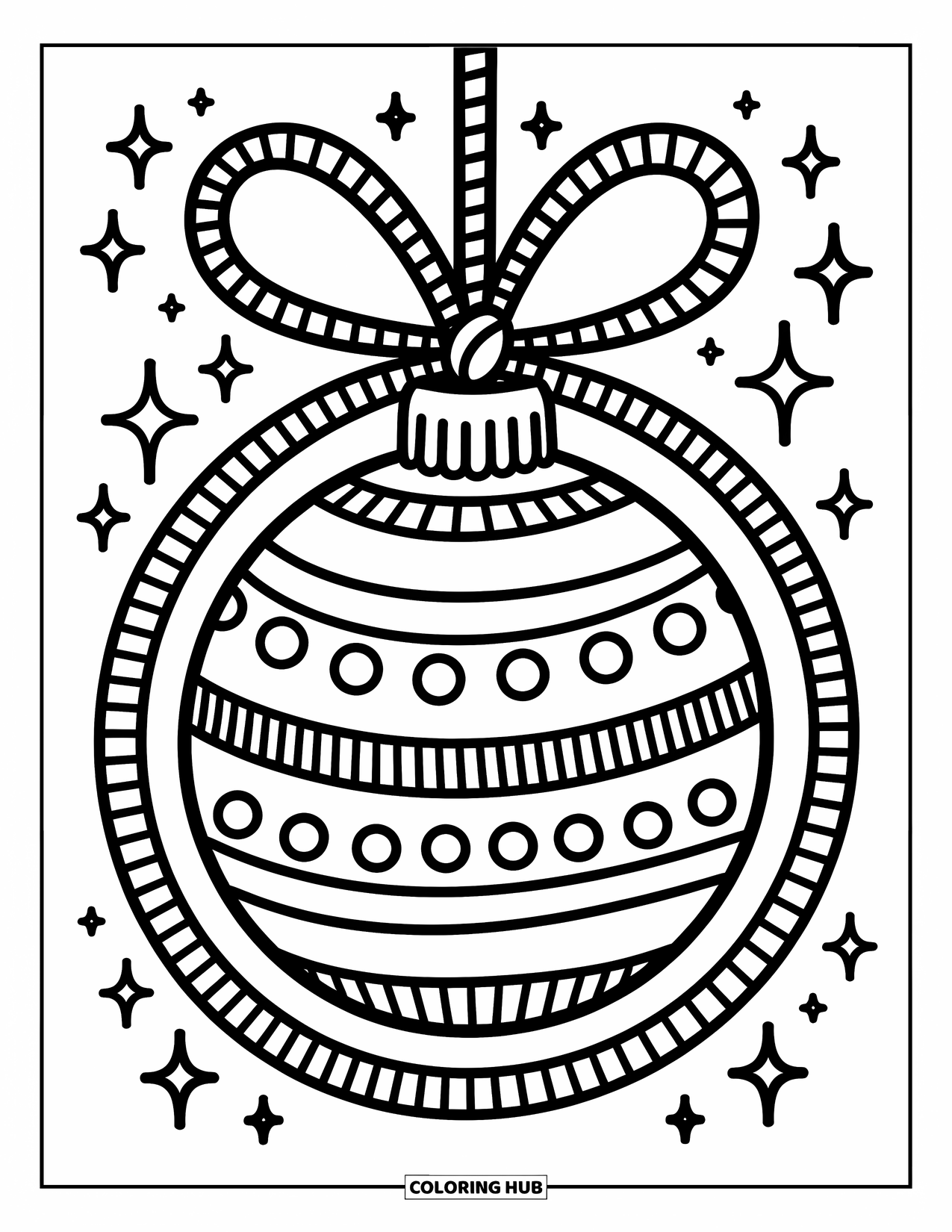 Ornament Coloring Page for Adults: A big ornament with swirl patterns and a ribbon bow shines with tiny stars