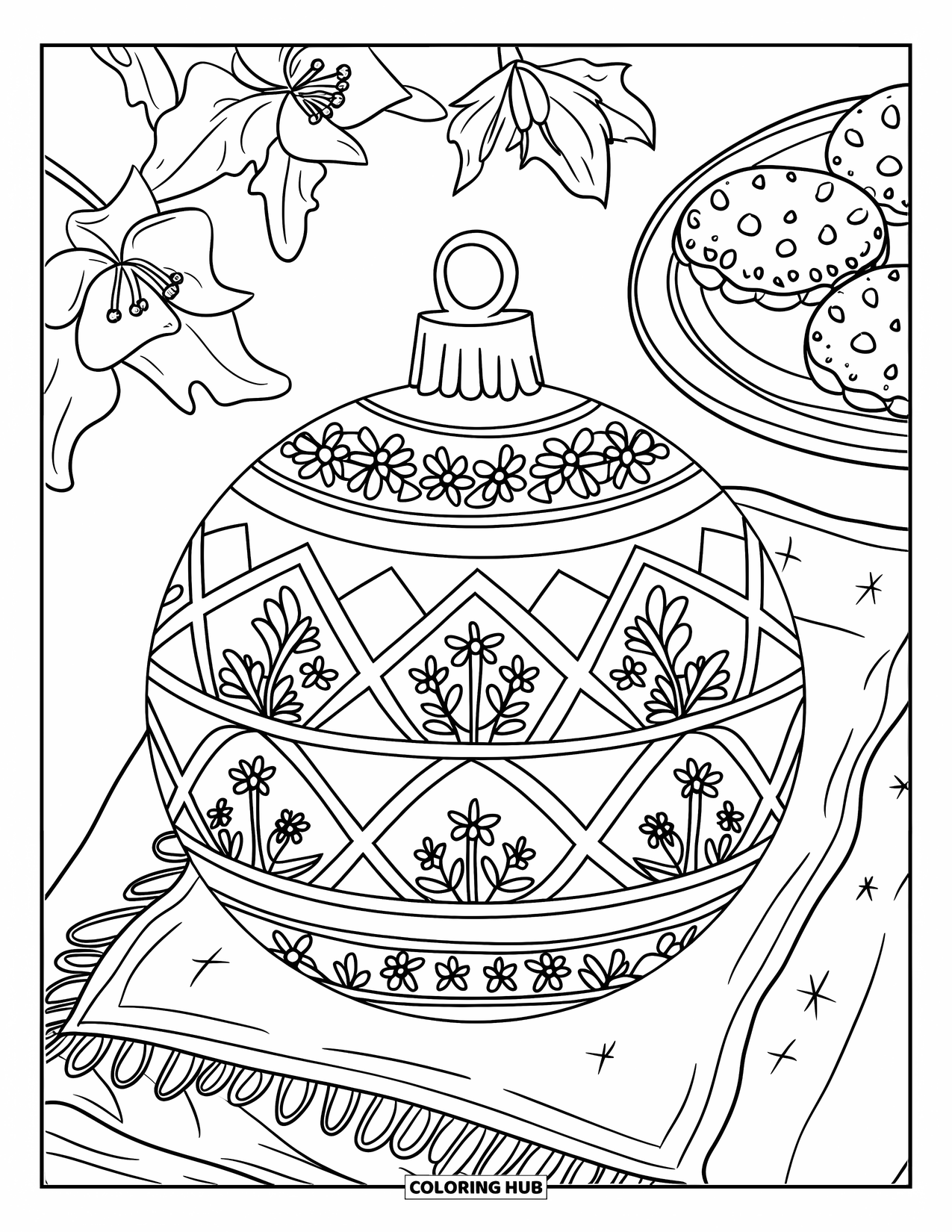 Ornament Coloring Page for Adults: A detailed round ornament sits on a table surrounded by cookies, flowers, and leaves